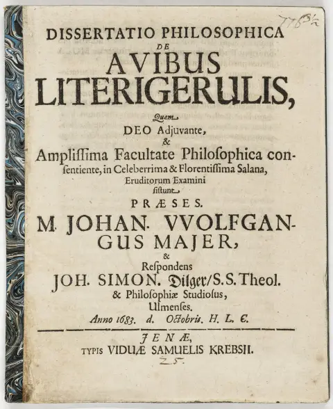 Praeses M. Johan. Wolfgangus Majer, & Respondens Joh. Simon. Dilger ... Ulmenses ...Jena, Krebs, 1683. 14 blade. 18,5 x 15,5 cm.…