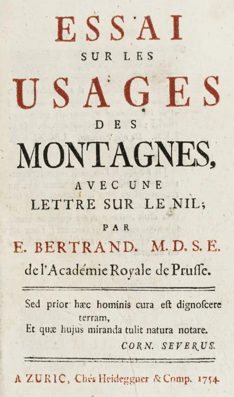 Geologi – Bertrand, Elie. Essai sur les usages des montagnes, avec une lettre sur le Nil. Zürich, Heidegger, 1754. XVI, 412 s. 22,5 x…