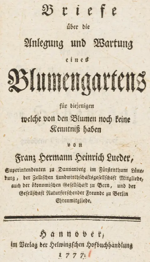For dem som ennå ikke har kjennskap til blomster. Hannover, Helwing, 1777. 8 bl., 624 s., 7 bl. 17 x 11 cm. Halvskinnbind fra...