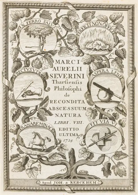 Medicin – Severino, Marco Aurelio. De abscessuum recondita natura. Libri VIII. Editio novissima. Med stukket frontispice, stukket…