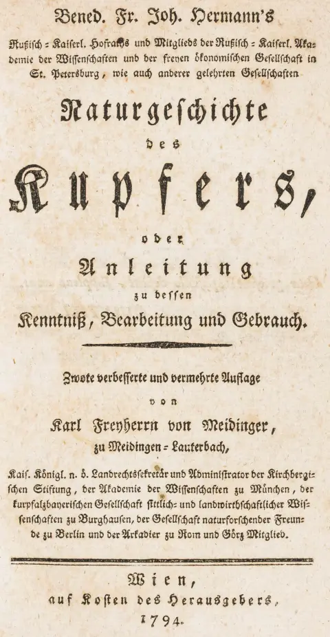 og bruk. Andre forbedrede og utvidede utgave ved Karl Freiherr von Meidinger. Med 4 foldede tabeller. Wien, utgiver,…