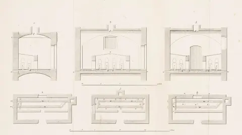 de erfaringer som i nyere tid er gjort ved disse byggearbeidene. Med 4 foldede kobberstikk. Berlin, Reimer, 1836. VI s., 1 bl., 120 s. 21 x…