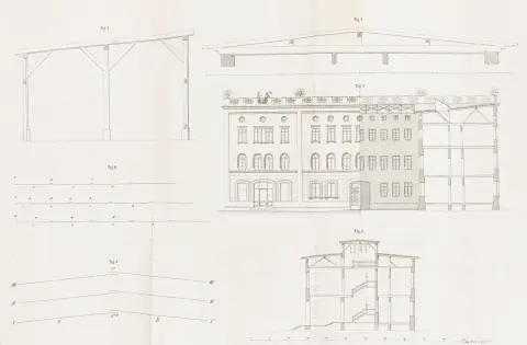Landbygninger. Med 3 stukkede foldeplater. München, Cotta, 1860. VI, 1 bl., 89 s. Samtidig lerret.