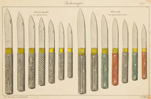 Teknik - Håndværk – Mønsterkatalog for lommeknive og hængelåse. 24 (12 delvist kolorerede) litograferede tavler, betegnet som…