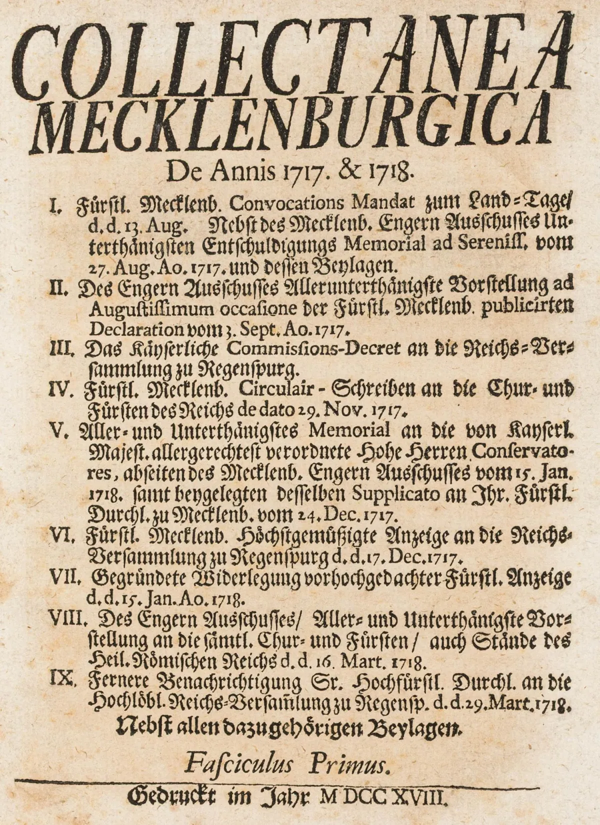 Collectaneorum Mecklenburgicorum – De Annis 1717 & 1718 Fasciculi IV. 4 dele i 1 bind. Flensborg, 1718. 23 x 17,5 cm. Nyt kartonbind med…