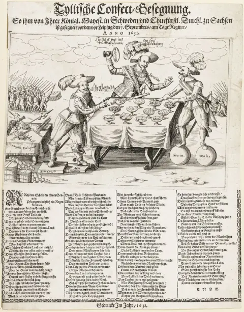 Enkeltbladstrykk med kobberstikk om velsignelsen av Sachsen ved Leipzig den 7. september, Regina-dagen, år 1631