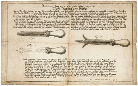 Frankrike: beskrivelse av den farlige mordkniven eller dolken mot Ludvig XV, 1757