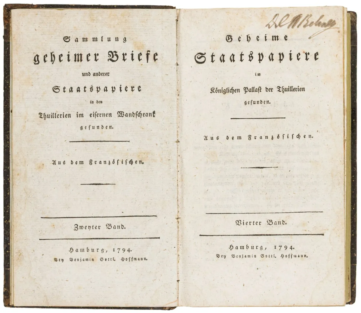 法国 – 在杜伊勒里王宫发现的秘密国家文件。4卷。汉堡，B. G. Hoffmann，1793-1794年。18 x 10.5…