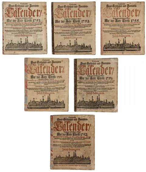 Kalender – Baumgarten, Joseph. Curieuser Haus- Geschichts- und Raritäten-Calender, efter den forbedrede stil, for året efter Kristi fødsel 1752…