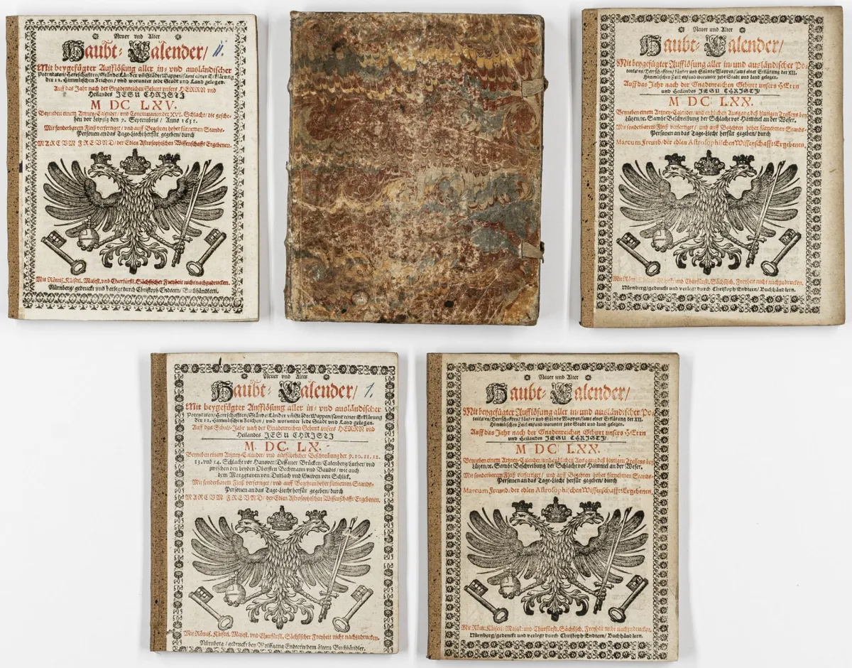 历书 – Freund, Marcus. 新旧主历书……1660年（及1665、1670（2份）、1672年）。含纹章木刻