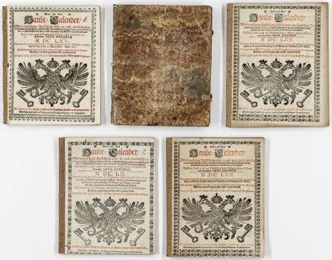 Kalender – Freund, Marcus. Ny og gammel hovedkalender ... 1660 (og 1665, 1670 (2x), 1672). Med våbentræsnit