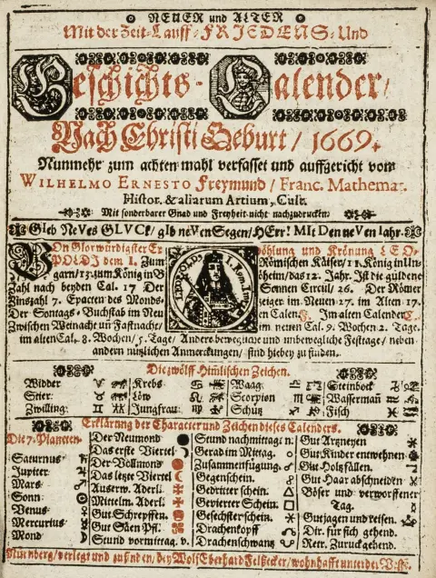 Kalender – Freymund, Wilhelm Ernst. Ny og gammel kalender over tidens gang, fred og historie ... 1665 og 1669. Indbundet:…