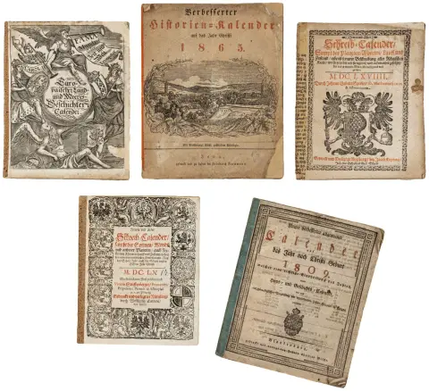 Kalender – Konvolut på 5 forskellige udgaver. 1660-1865. Ryghæftning. 1. Stieffenberger, Veit. Ny og gammel skrivekalender,…