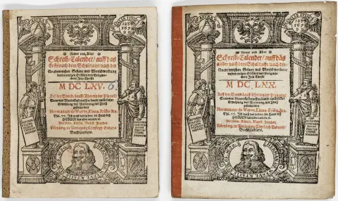 Kalender – Werve, Hermann de. Newer und Alter Schreib-Calender ... 1665 und 1670. 2 Bände. Jeweils angebunden: Derselbe. Prognosis…