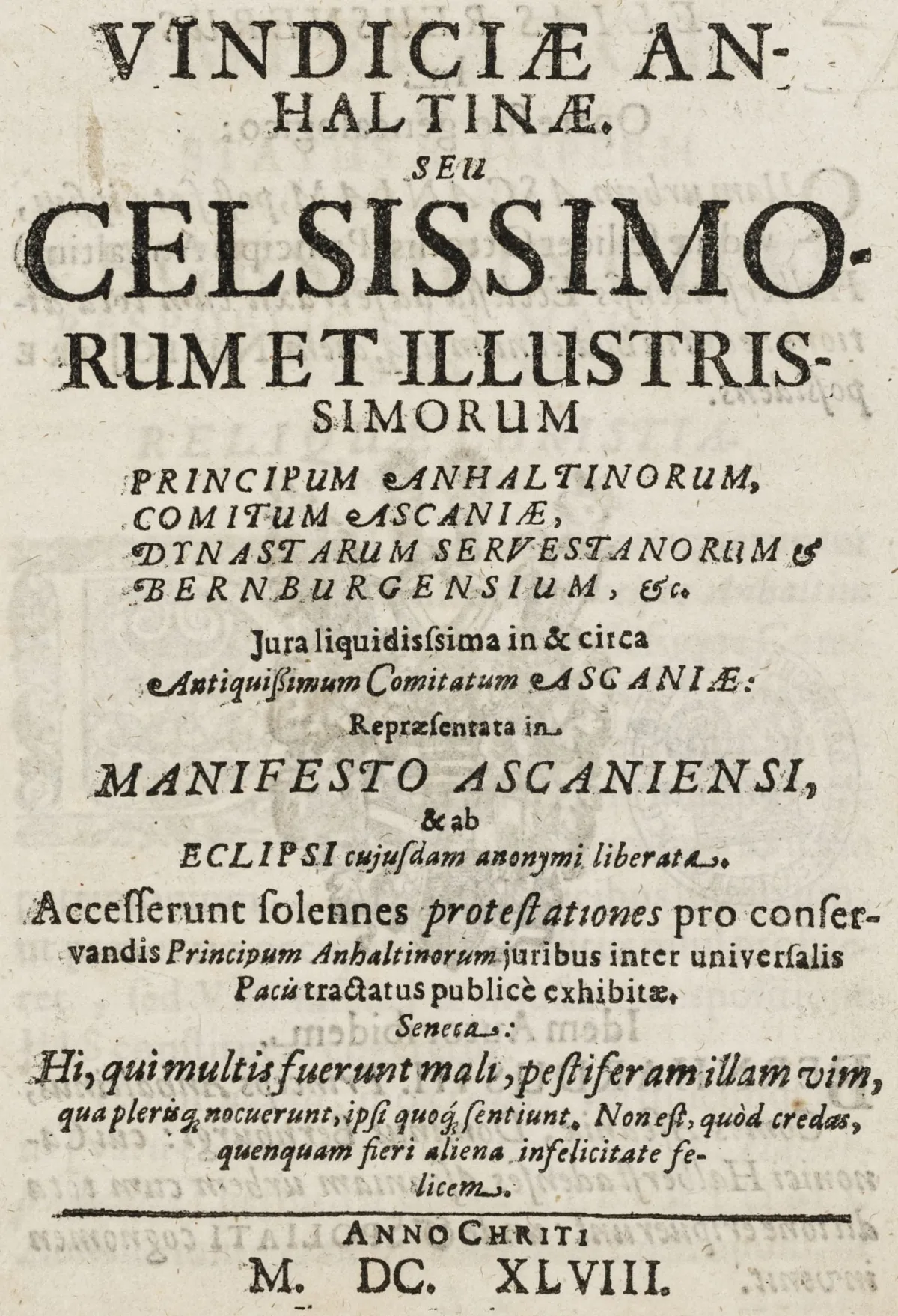 Milag, Martin – Vindiciae Anhaltinae. Seu Celsissimorum Et Illustrissimorum Principum Anhaltinorum, Comitum Ascaniae