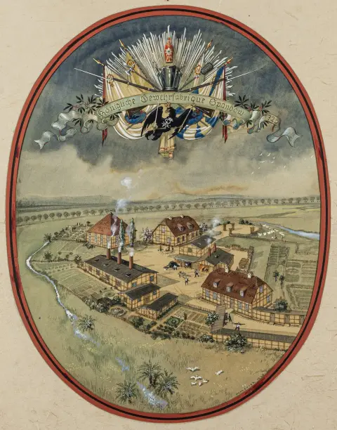 Udsnit: ca. 53 x 41 cm. Signeret og dateret nederst til højre i marginen. Viser på gammeldags vis den 1722 i Potsdam grundlagte…