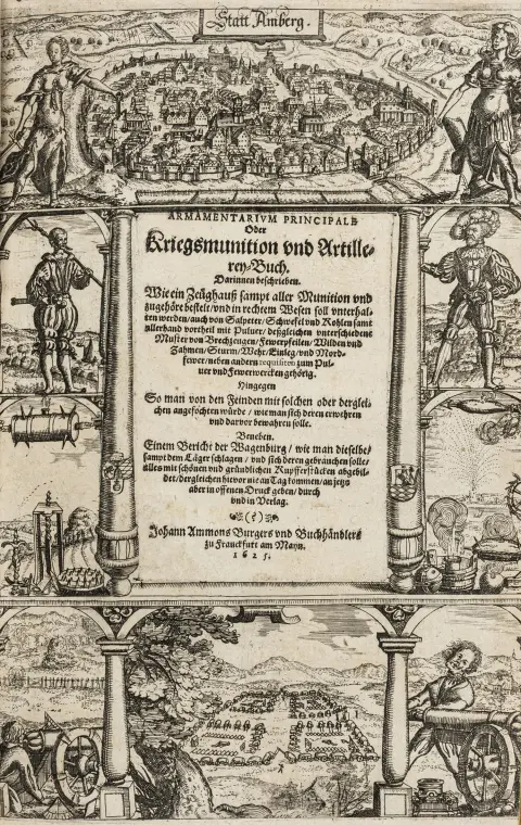 Militaria – Samlebind med 3 illustrerede tysksprogede værker om artilleri, krigsteknik og befæstning. Forskellige tryksteder, 1625, 1630 og 1687.
