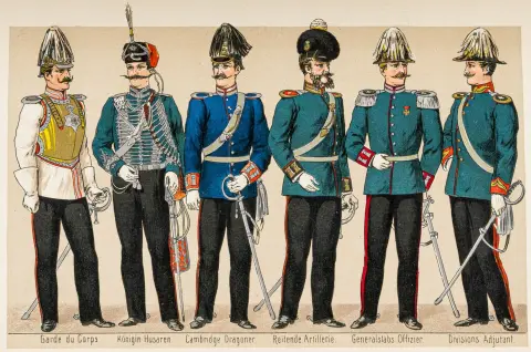 Militaria – Sichart, Louis von. Den kongelige hannoveranske hærs historie. 5 dele i 6 bind. Med 10 delvist udfoldelige planer, 11 lystrykplancher og 2 farvede uniformplancher.