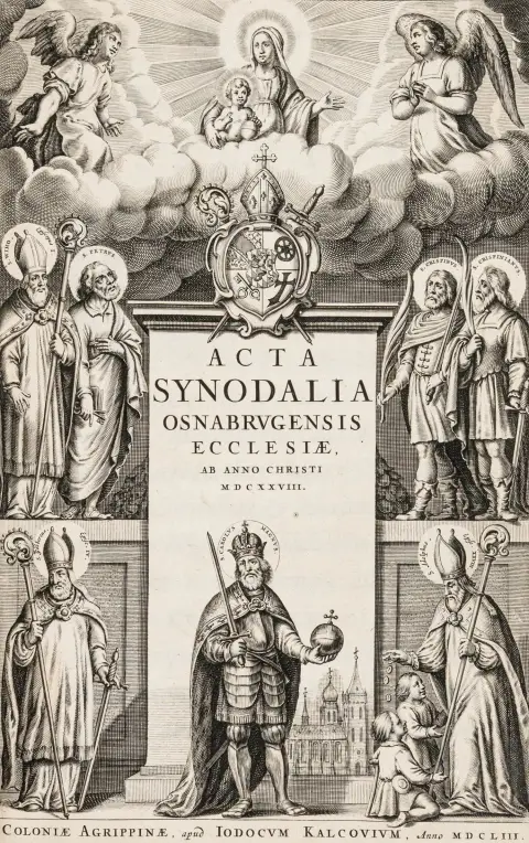 Acta Synodalia Osnabrugensis Ecclesiae – fra Kristi år 1628. Med stukket titelblad. Köln, J. Kalckhoven, 1653-1657.