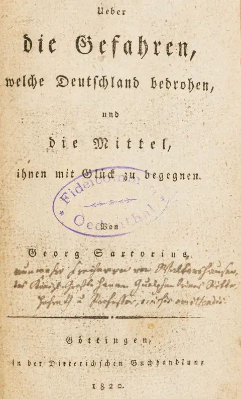 Statsvidenskab – Sartorius von Waltershausen, Georg. Om de farer, der truer Tyskland, og midlerne til at imødegå dem med held…