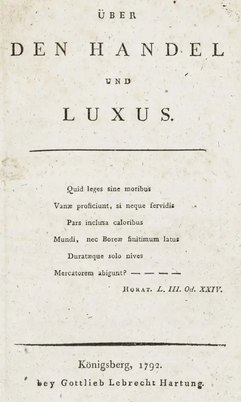 Økonomi – Ehlers, Martin. Über den Handel und Luxus. Königsberg, Hartung, 1792. 72 s. 19 x 12,5 cm. Kartonbind fra samtiden…