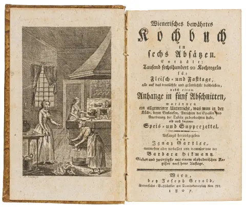 Gastronomi - Kogekunst – Gartler, Ignaz. Wienerisches bewährtes Kochbuch in sechs Absätzen. Indeholder: tusind seks hundrede 20 kogeregler til kød- og fastedage…