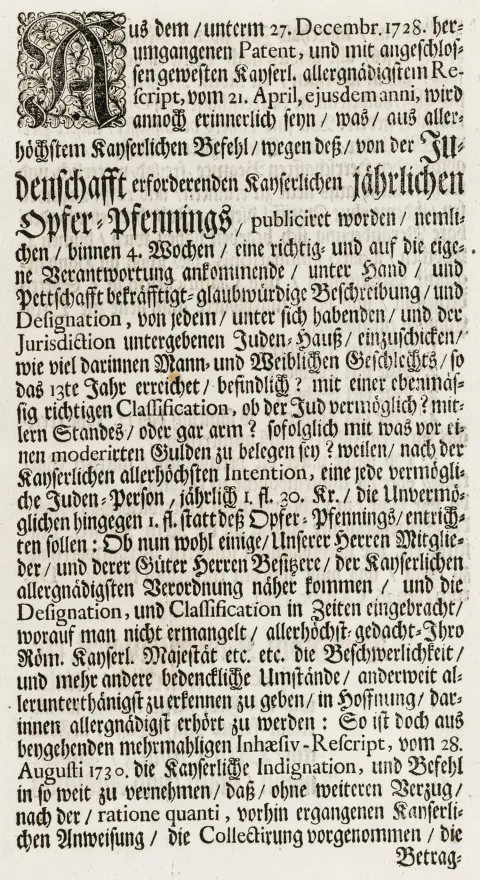 Judaica – Gylden offerpenning - Fra det patent, der udgik den 27. december 1728 ... efter allerhøjeste kejserlige befaling /…