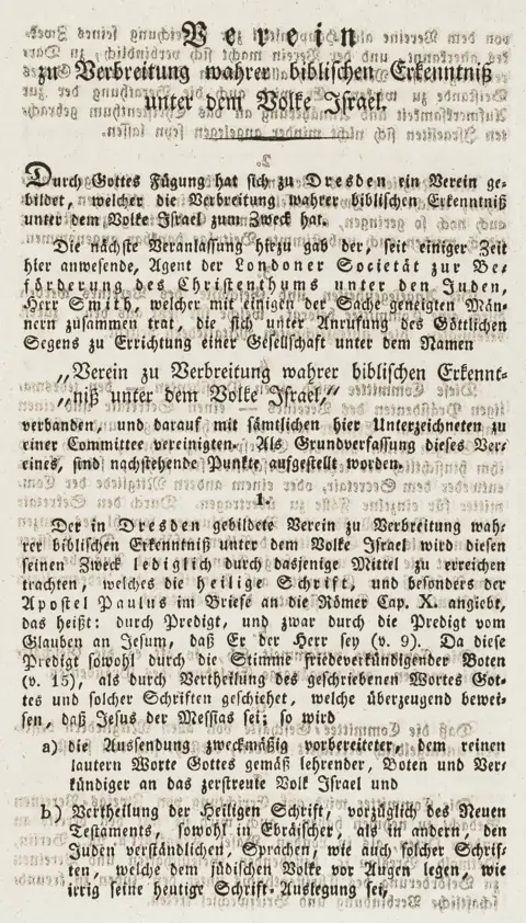 Judaica – Forening til udbredelse af sand bibelsk erkendelse blandt Israels folk. Stiftelsesstatut med underskriverliste. Dresden,…