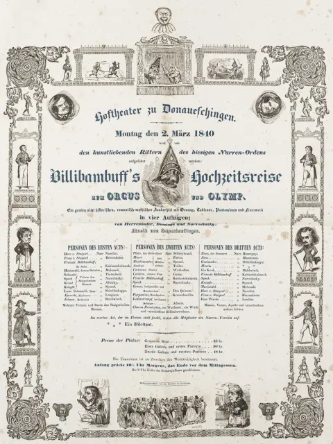 i Donaueschingen og Mannheim. 1840 - ca. 1850. Forskellige formater. 1. Hoftheater i Donaueschingen ... Billibambuffs bryllupsrejse...
