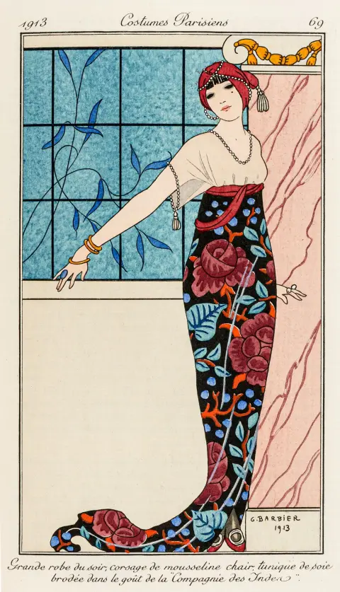 1-146 samt 3 ekstra) hånd- og pochoirkolorerede kobberplader. Paris, Bureaux du Journal des Dames, 1912-14. 22,5 x 14,5 cm. Røde…