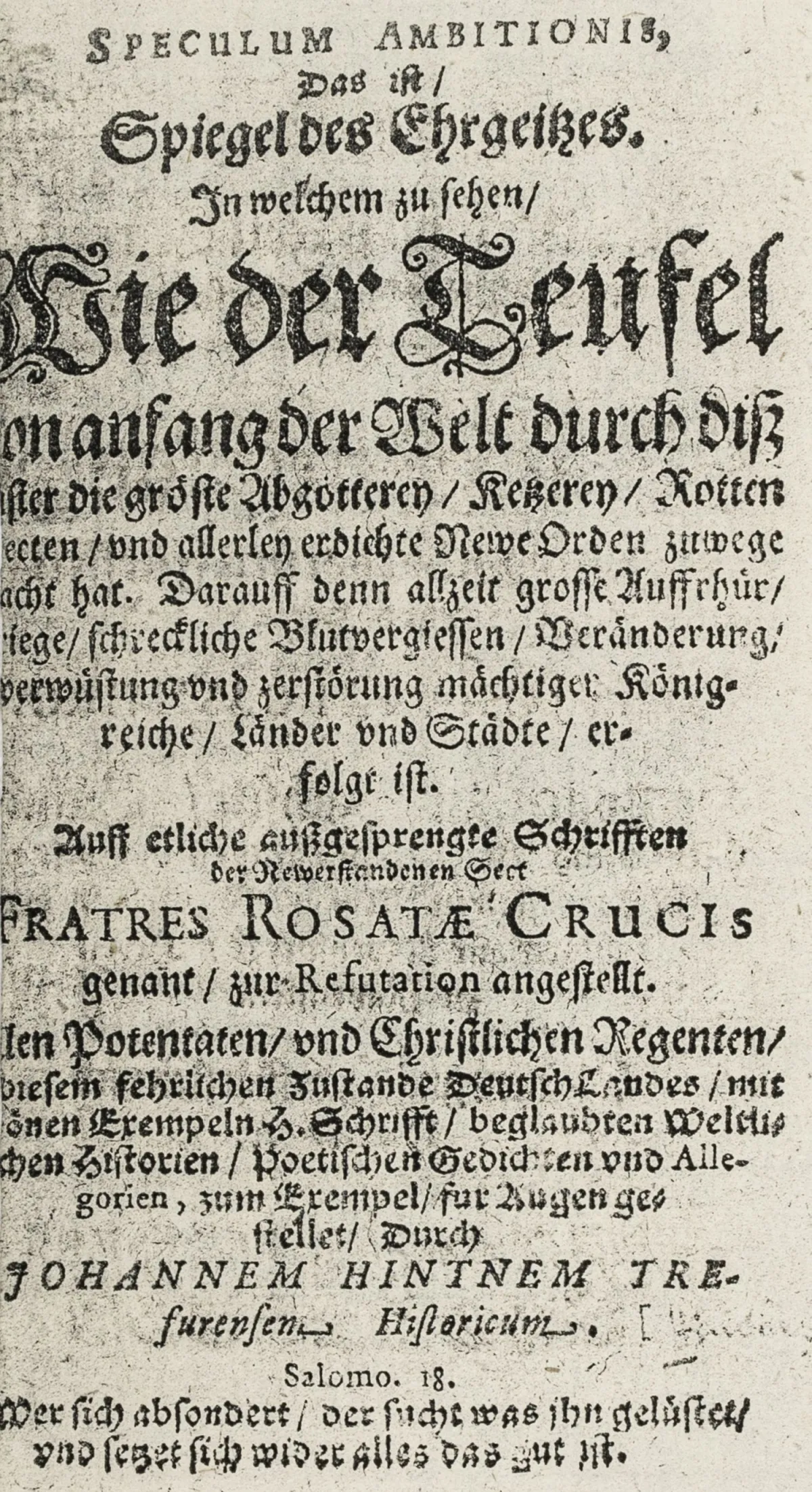 秘传 – Hintner, Johann. Speculum ambitionis，即野心的镜子。其中可见魔鬼自世界之初……