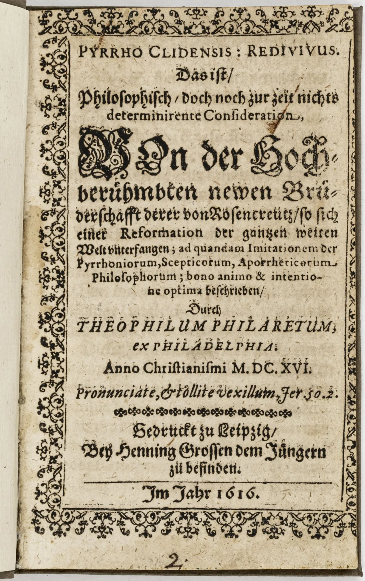 秘传 – Hoffmann, Gottlieb. Pyrrho Clidensis: Redivivus。即关于著名的玫瑰十字会新兄弟会的哲学性、但目前尚不确定的思考……