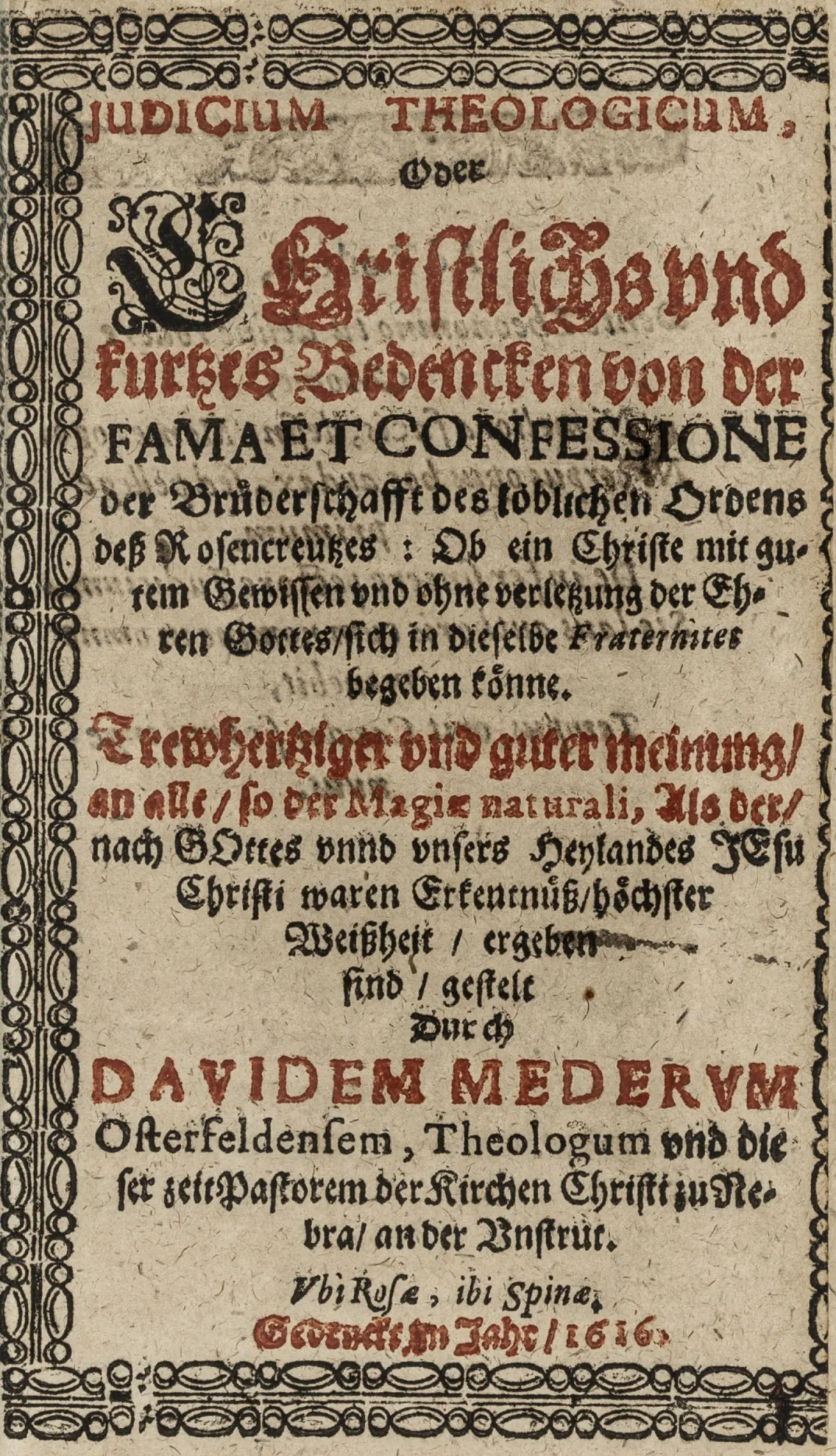 Occulta – Meder, David. Judicium Theologicum，或关于...兄弟会Fama et Confessione的基督教简短评议