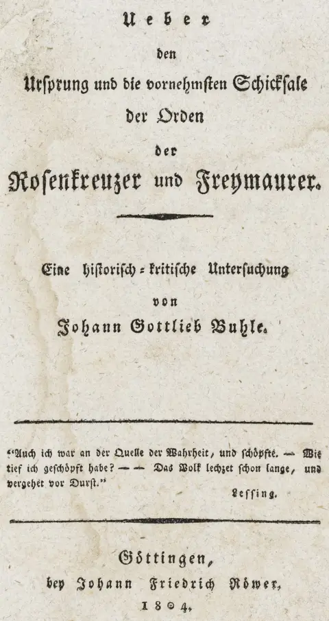 og frimurere. En historisk-kritisk undersøgelse. Göttingen, Röwer 1804. XII, 418 s., 1 bl. 19 x 11 cm. Samtidig hæftning (lidt…