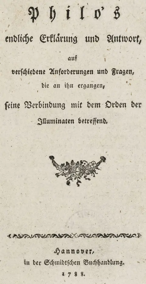 der blev rettet til ham, vedrørende hans forbindelse med illuminatordenen. Hannover, Schmidt, 1788. 142 s., 1 bl. 17 x 11 cm.…