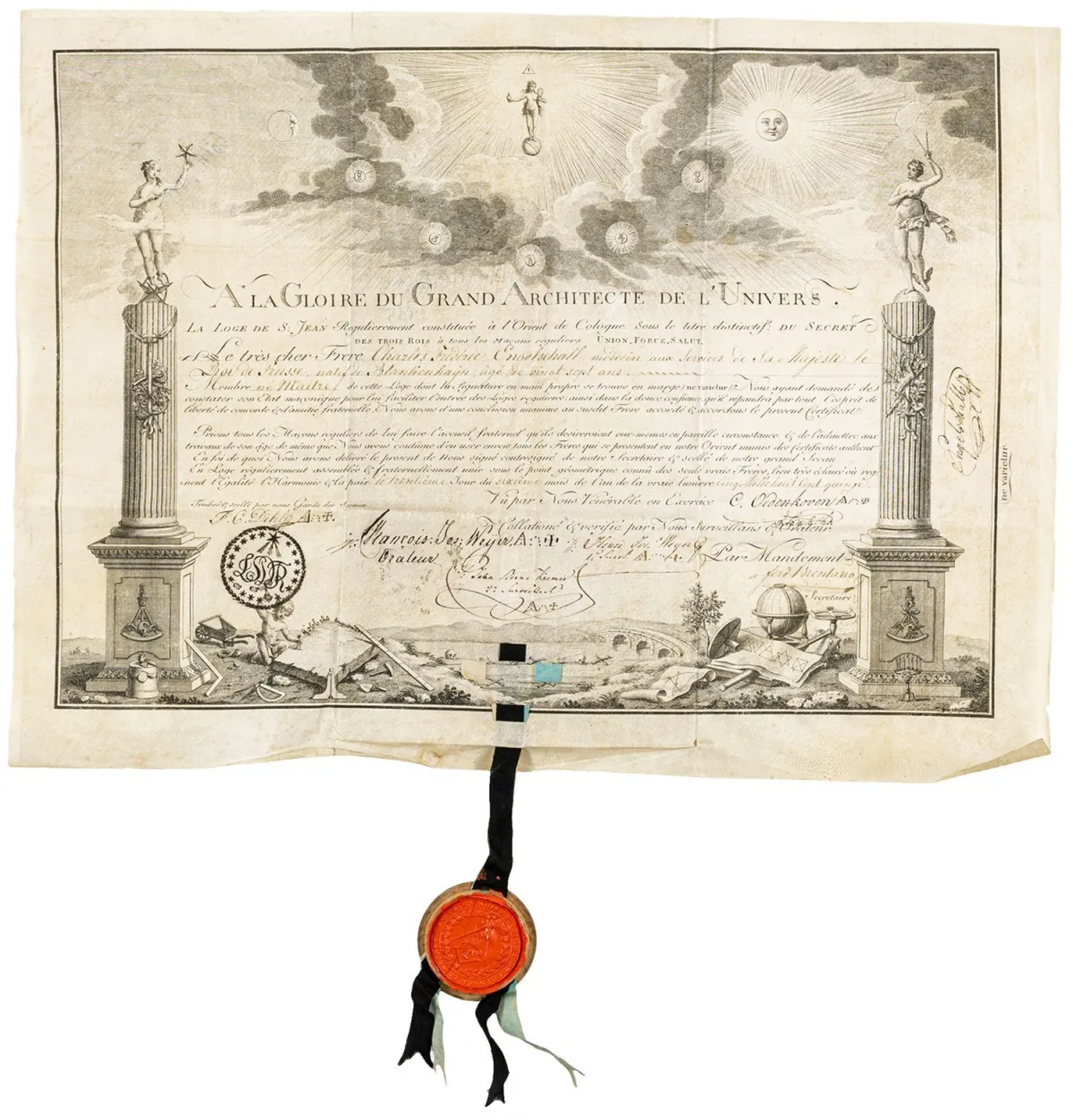 Occulta - Masonica – 科隆三王会所。羊皮纸雕刻证书，含手写填入内容、6个签名