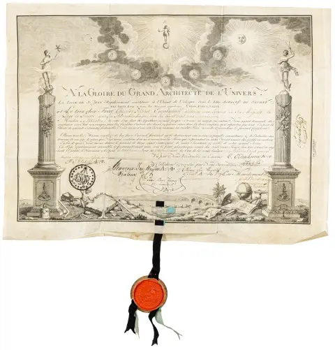 Modtagerens underskrift, logestempel samt laksegl i trækapsel på båndet. Köln, 30. juni 5815 (1815). 34,5 x 47 cm.…