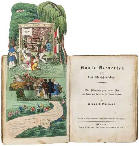 Ungdommens fornøjelse, bearbejdet. Med 4 stukne og kolorerede opklapsbilleder. Wien, Müller, 1835/36. 1 bl., 172 s., 1 bl. 18,5 x…