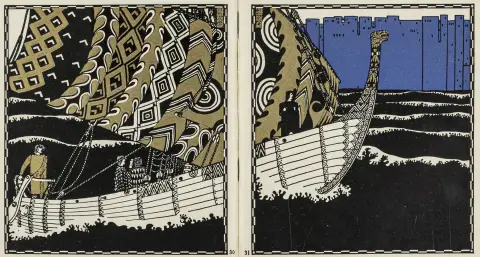 Med bogudsmykning og 16 farvelagte, delvis med guld bronze trykte helsidesillustrationer af Carl Otto Czeschka. Wien/Leipzig, Gerlach…