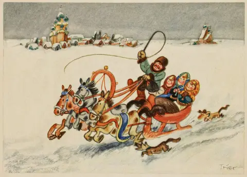 Walter Trier: Fridolins syvmilesko. Med farvet titelvignet og 12 helsides farveillustrationer. Berlin, Fridolin-Verlag, 1926.