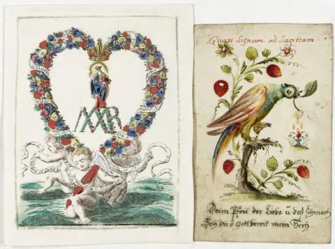 Allegorier – Auspice Maria Regina. Blomsterkrans i hjerteform med kronet Gudsmoder og monogram "AMR" i midten, båret af putti…