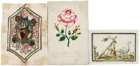 med guldfremhævede blomster. Formentlig Sydtyskland, omkring 1800. Medaillon: 4 x 3,5 cm. Blad: 13 x 9,5 cm. Plettet, 2 små kantdefekter udbedret.…