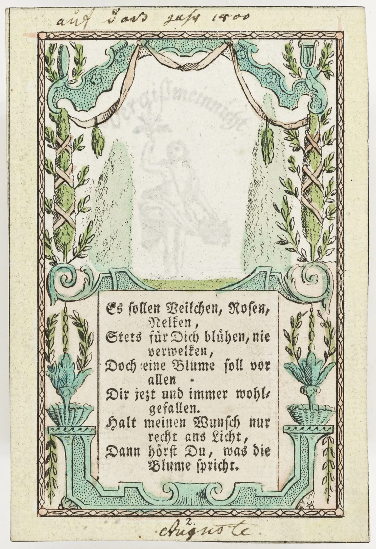 票据 – Berka, Anton. 透明票据"Heiliger Ehe-Bund"：女性和男性手臂相握，在第二层透光下补全为全身人物。彩色铜版画。维也纳，A. Berka（出版号13），约1830年。9.7 x 7厘米。略有磨损，右边缘有磨损的薄处。- 另附：匿名透明票据"Vergißmeinnicht"。彩色雕刻边框围绕文字装饰框，透光下由小Flora人物补全，等。