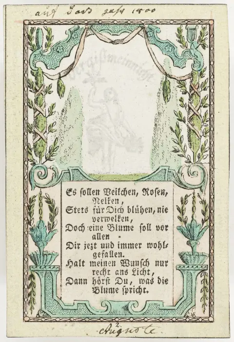 suppleret til helfigurer på andet lag. Koloreret kobberstik. Wien, A. Berka (forlagsnummer 13), omkring 1830. 9,7 x 7 cm.
