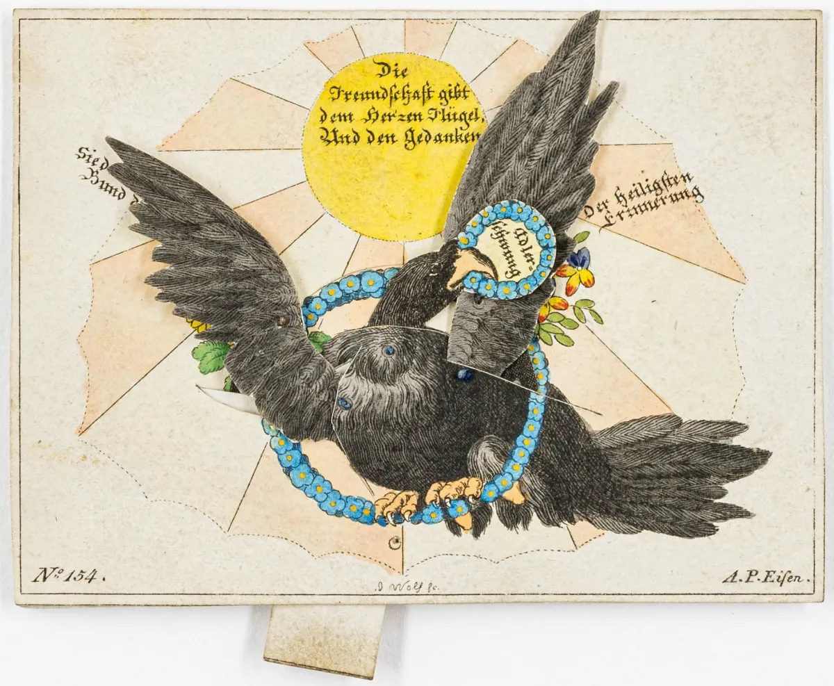 Billets – Eisen, Anton Paul. Lever-pull billet: by pulling and turning, the neck and wings of an eagle move, a small goddess of fortune appears