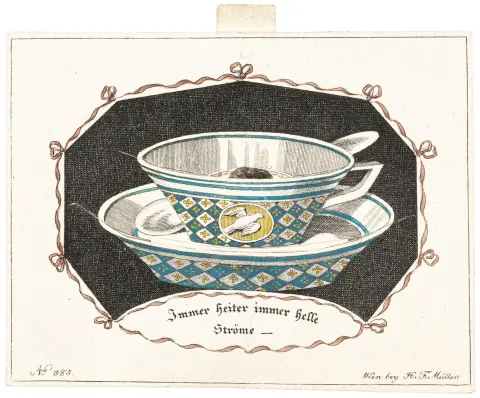 en putto med kaffemølle. Koloreret kobberstik. Wien, H. F. Müller (forlagsnummer 385), ca. 1830. 7,8 x 10 cm. -