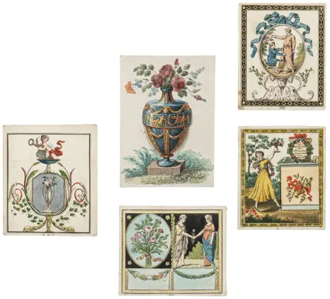 Omkring 1800. Ca. 10 x 8 til 12 x 9 cm. Til far, elskede, søster, nytår og ægteskab. Alle med delvist daterede samtidige tilegnelser…
