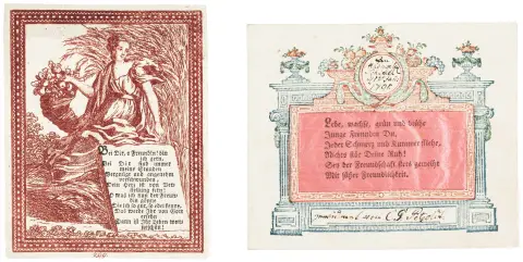 Dateret 1788-98. Hver ca. 11 x 9 cm. Et billet i tofarvetryk med typografisk tekst på underliggende lyserød silke og…