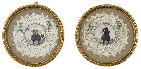 Canivets – par af spetsskårne rammer af fineste papir omkring 2 penselmedaljoner af et bondeægtepar. Formentlig Sydtyskland, omkring 1800