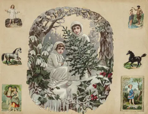 omkring 1900. Oblat ca. 1 x 1 cm til 24 x 19 cm, albums 17 x 10 cm, 16 x 23 cm og 27 x 35 cm. To prægede lærredsbind fra tiden (lidt…